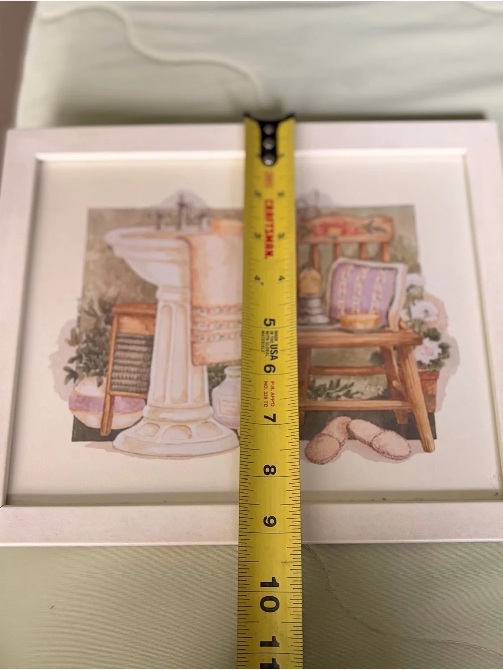 Framed Vintage Still Life Woman's Bathroom Scene Lavendar, Sink, Slippers